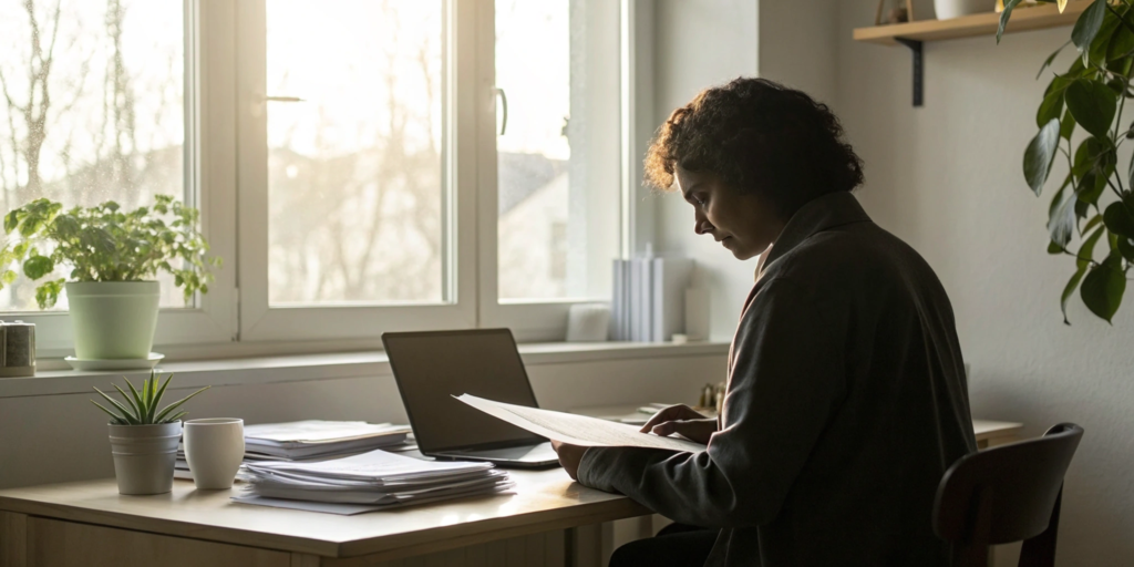 Person at a desk with a laptop reviewing documents to fix credit report errors.