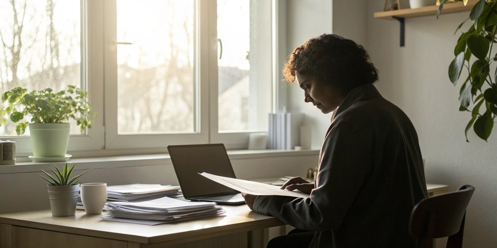 Person at a desk with a laptop reviewing documents to fix credit report errors.