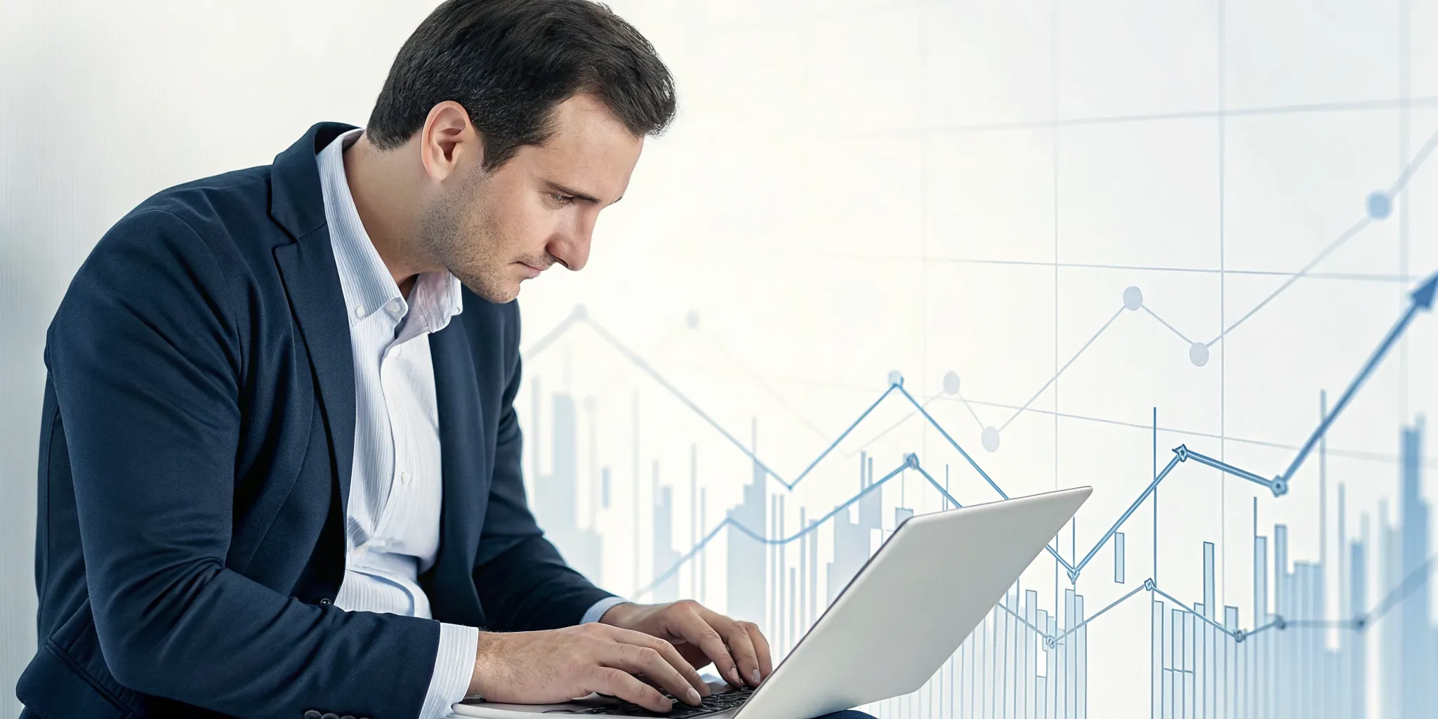 Man with a laptop and financial graphs choosing the best online tool to fix his credit.