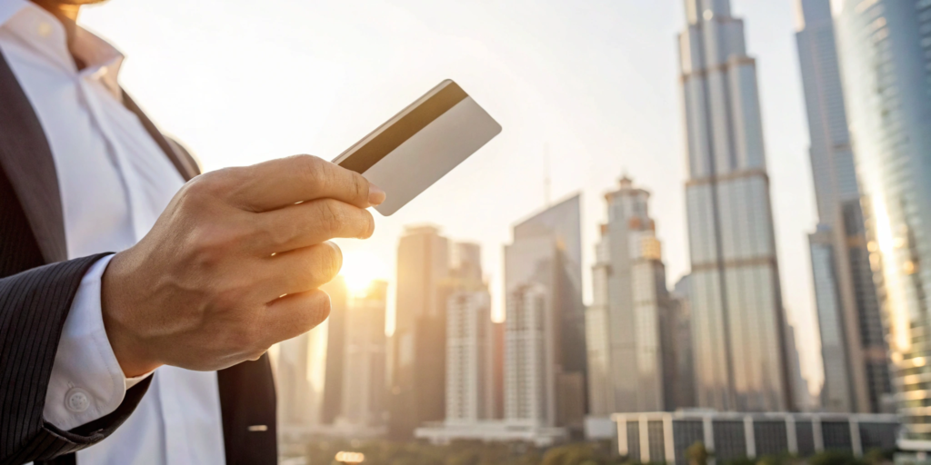 A man establishing business credit for his new business with a company credit card.