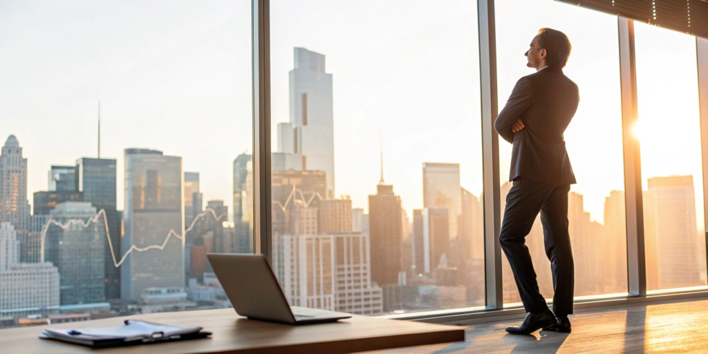 Businessman in an office planning for a business line of credit with no collateral.