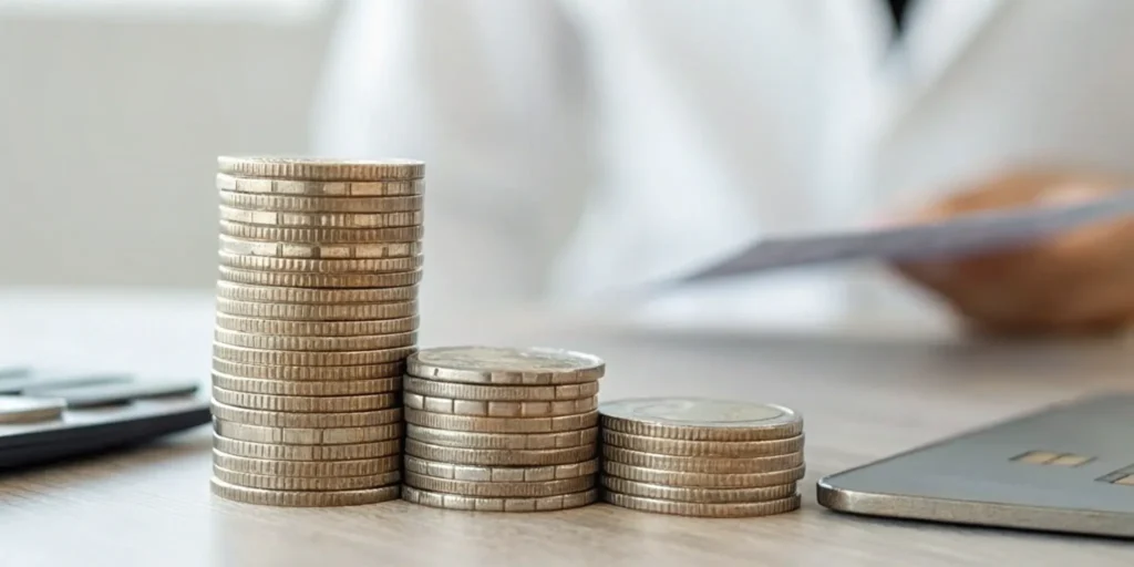 A credit card and stacks of coins showing how to build better credit for loans.