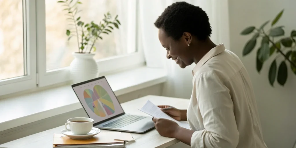 Woman learning how to read a credit report step by step on a laptop with financial charts.