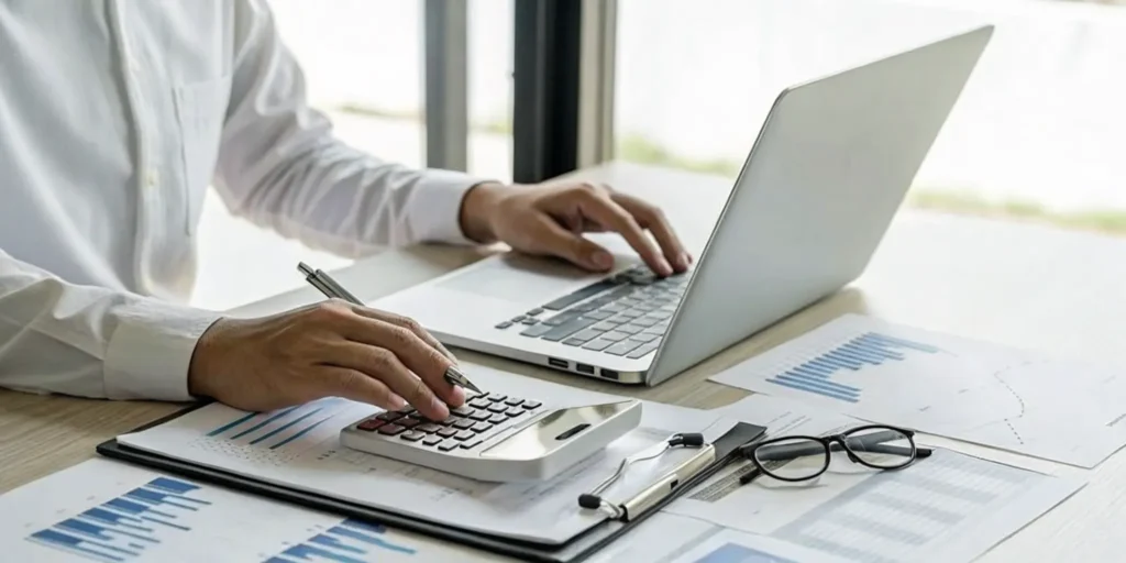 Person at a desk using a laptop to learn how to self repair their credit score.