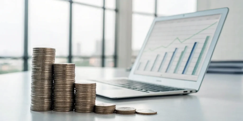 Growing stacks of coins next to a laptop showing financial growth from a USDA business loan.