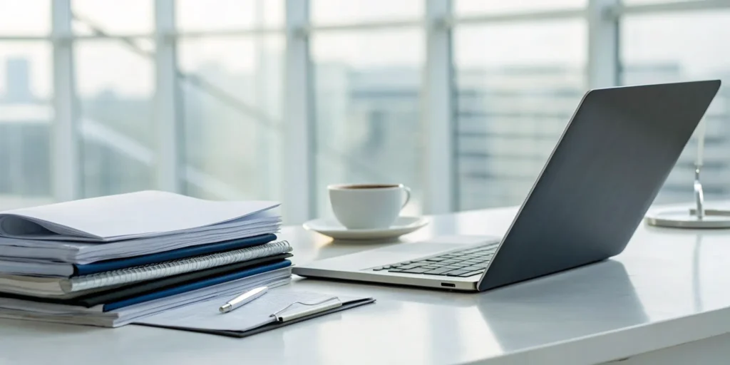 A desk with a laptop and paperwork showing a free pay for delete letter sample.