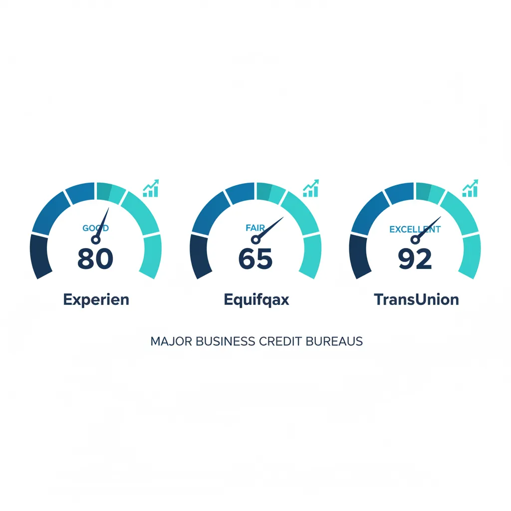 Business credit bureau score gauges showing Dun and Bradstreet Experian and Equifax business credit scores