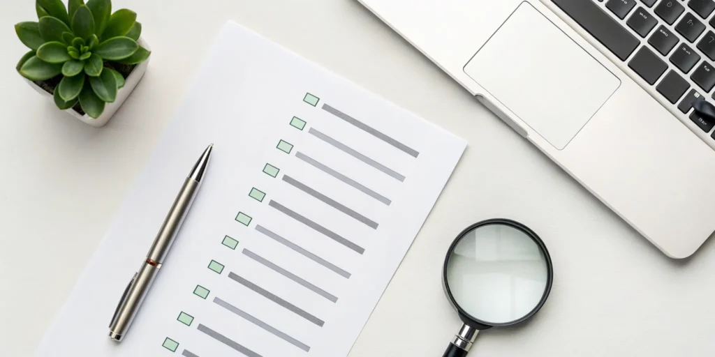 Using a checklist and magnifying glass to clean up a credit report on a desk.