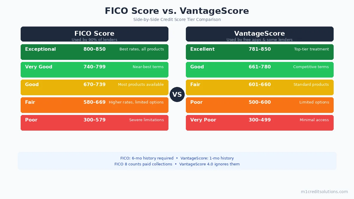 FICO Score vs VantageScore credit score ranges comparison chart showing tier breakdowns