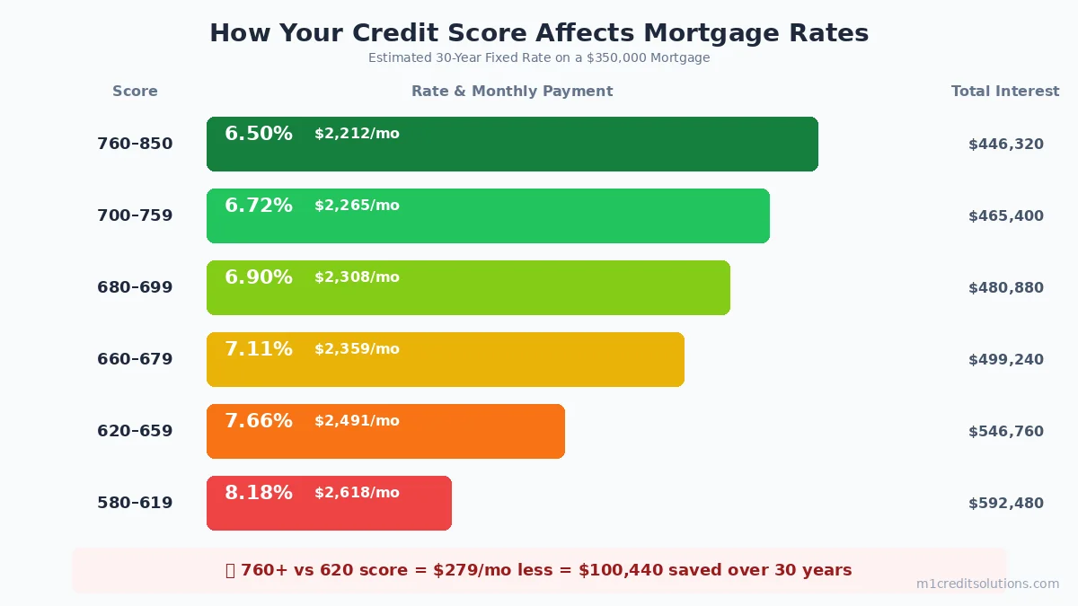 Credit score chart showing how mortgage rates change by credit score range on a $350K loan