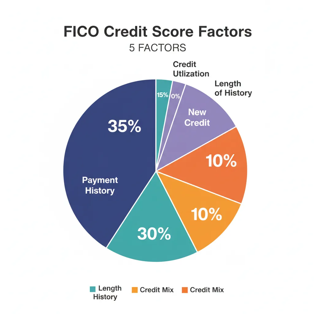 Five factors that determine your credit score breakdown showing payment history, utilization, length, mix, and new credit