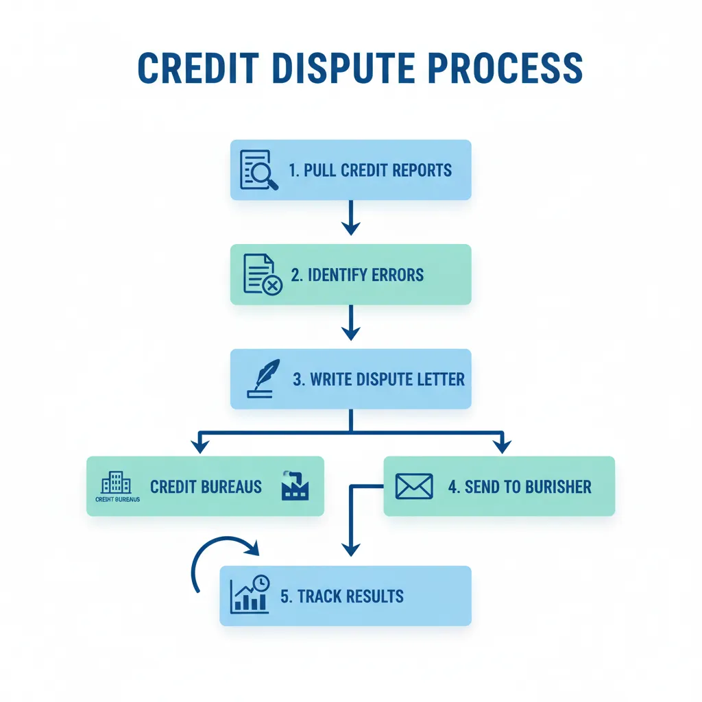 DIY credit repair dispute process flowchart showing steps from pulling reports to tracking results