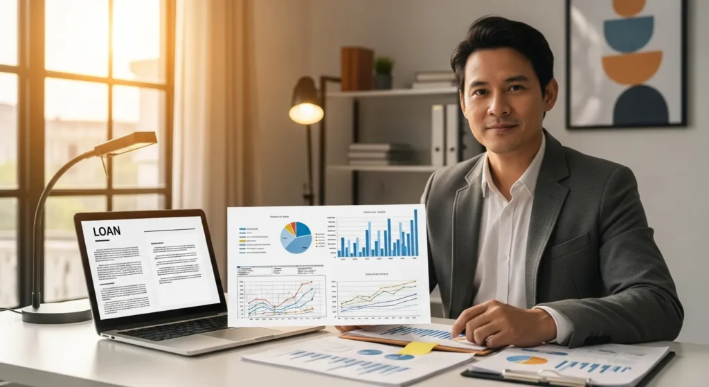 Business owner reviewing business loan options on laptop