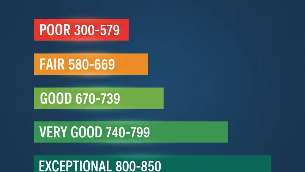 FICO credit score ranges chart showing five tiers from poor (300-579) to exceptional (800-850)