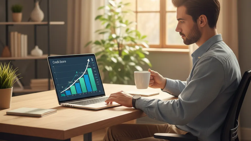 Person reviewing credit score improvement data on laptop with financial graphs on screen