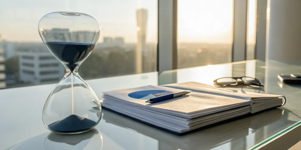 An hourglass on a desk tracks how long collections stay on a credit report.