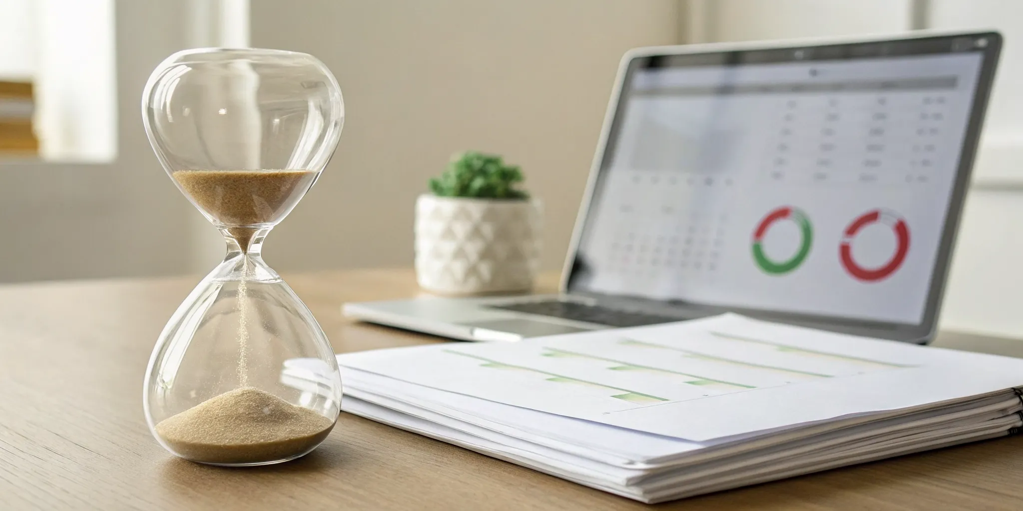 Hourglass on a desk with documents about how long late payments stay on a credit report.