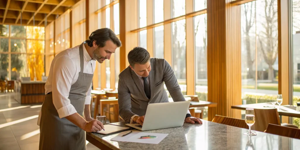Restaurant owner and advisor reviewing a small business loan for a restaurant.