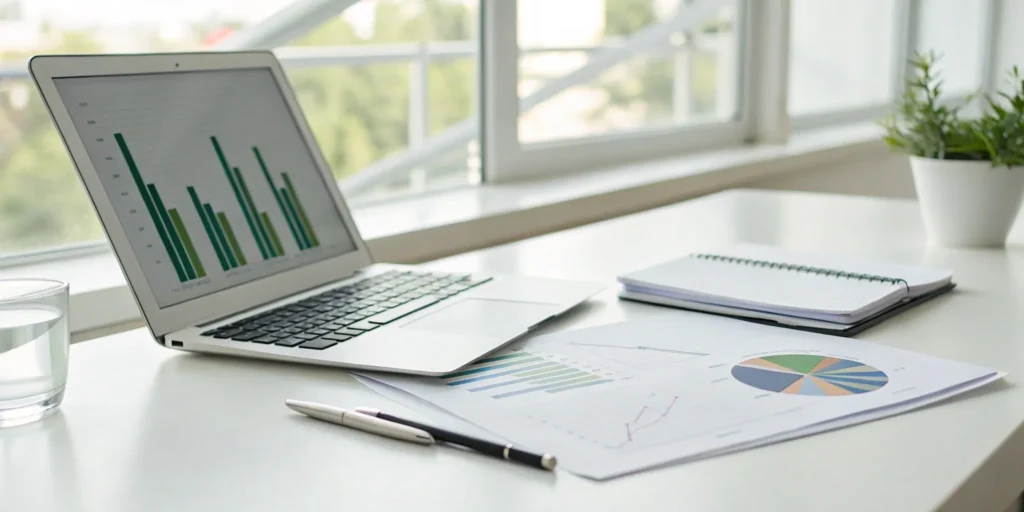Laptop on a desk displaying charts and data on how to improve a business credit score.