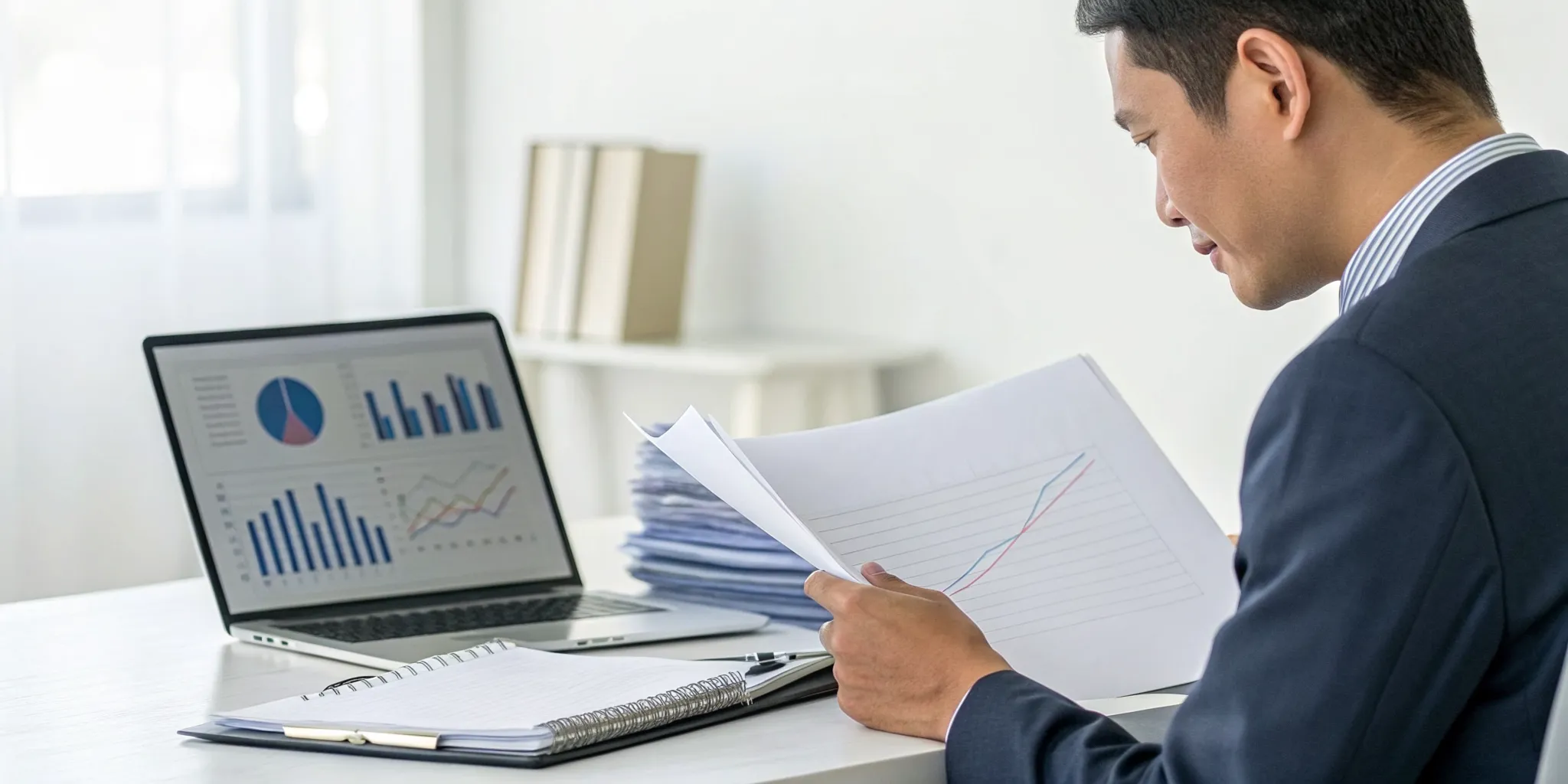 Person reviewing financial reports on a laptop to improve creditworthiness.