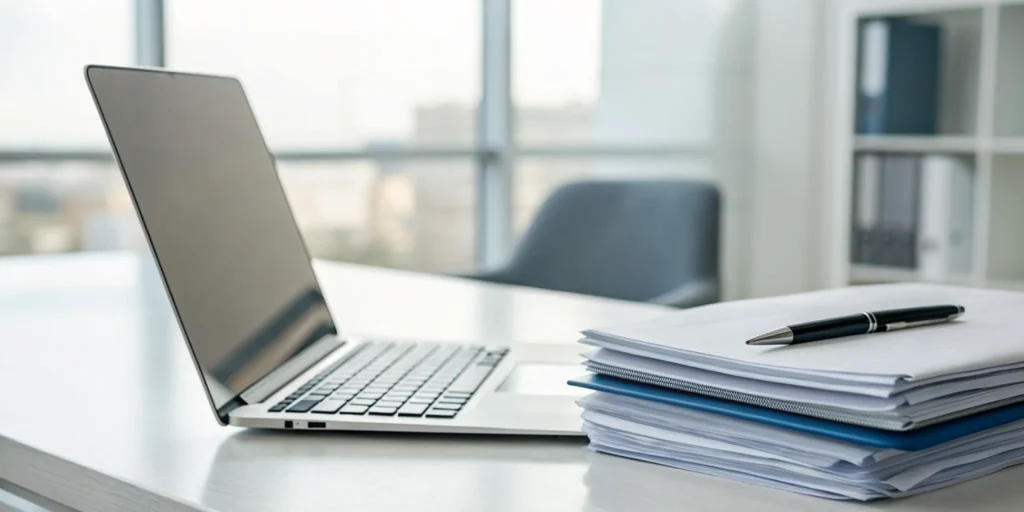 Writing a debt dispute letter to a collection agency using a laptop and documents.