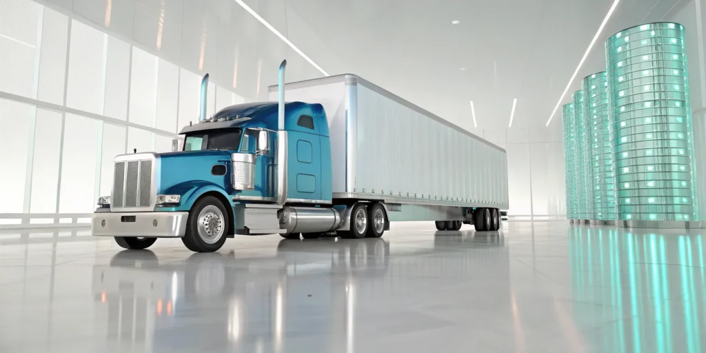 A blue semi-truck in a modern facility, a guide to invoice factoring for trucking.