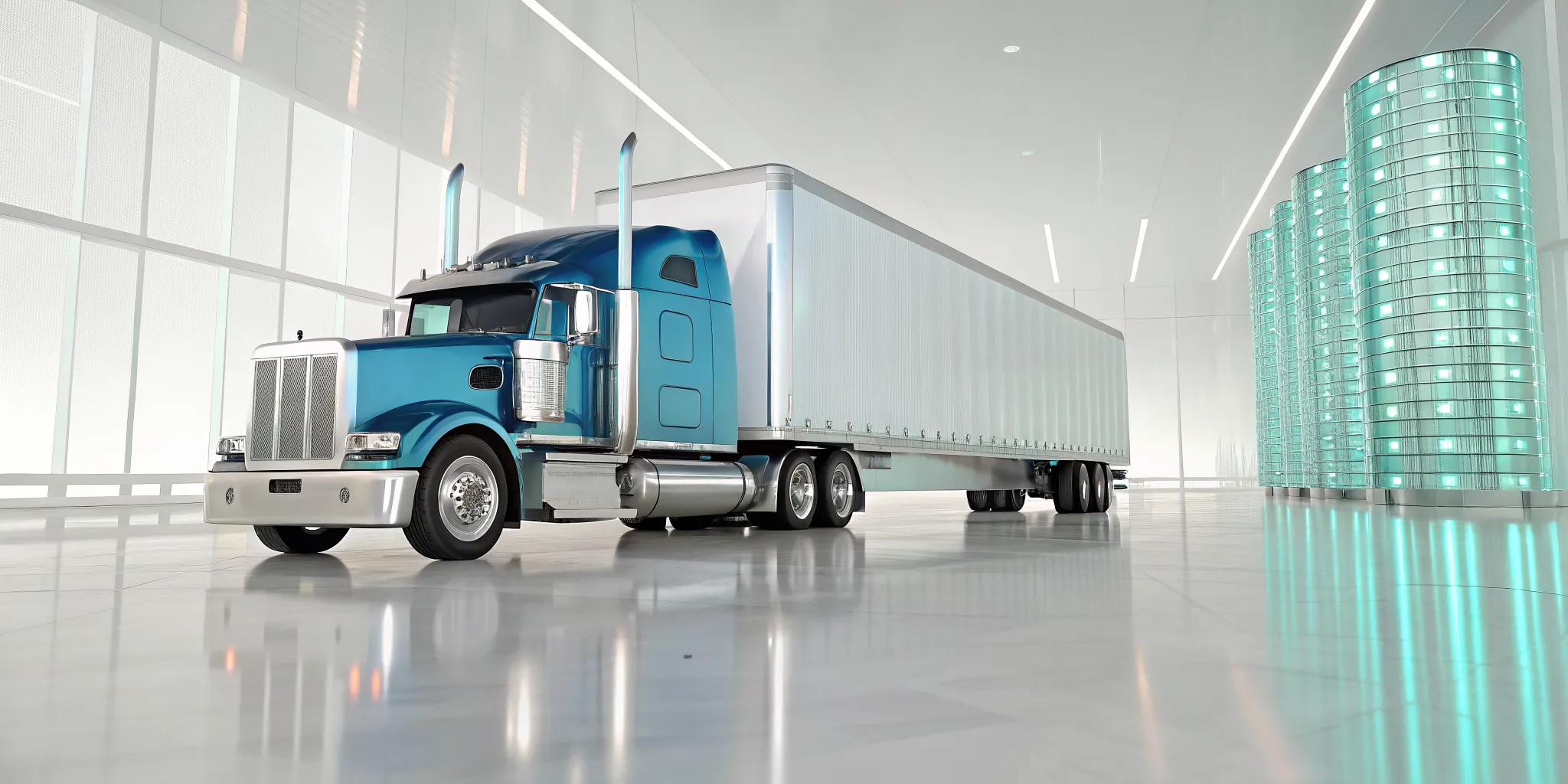 A blue semi-truck in a modern facility, a guide to invoice factoring for trucking.