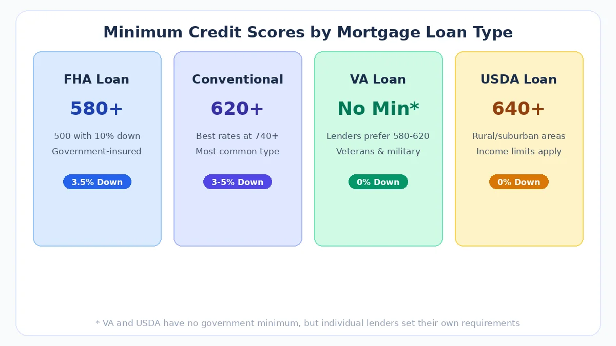 Comparison of FHA, conventional, VA, and USDA loan credit score requirements