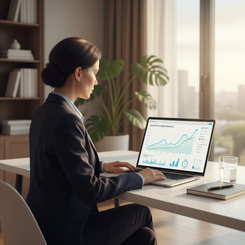 Person reviewing credit report on laptop with improving credit score graph