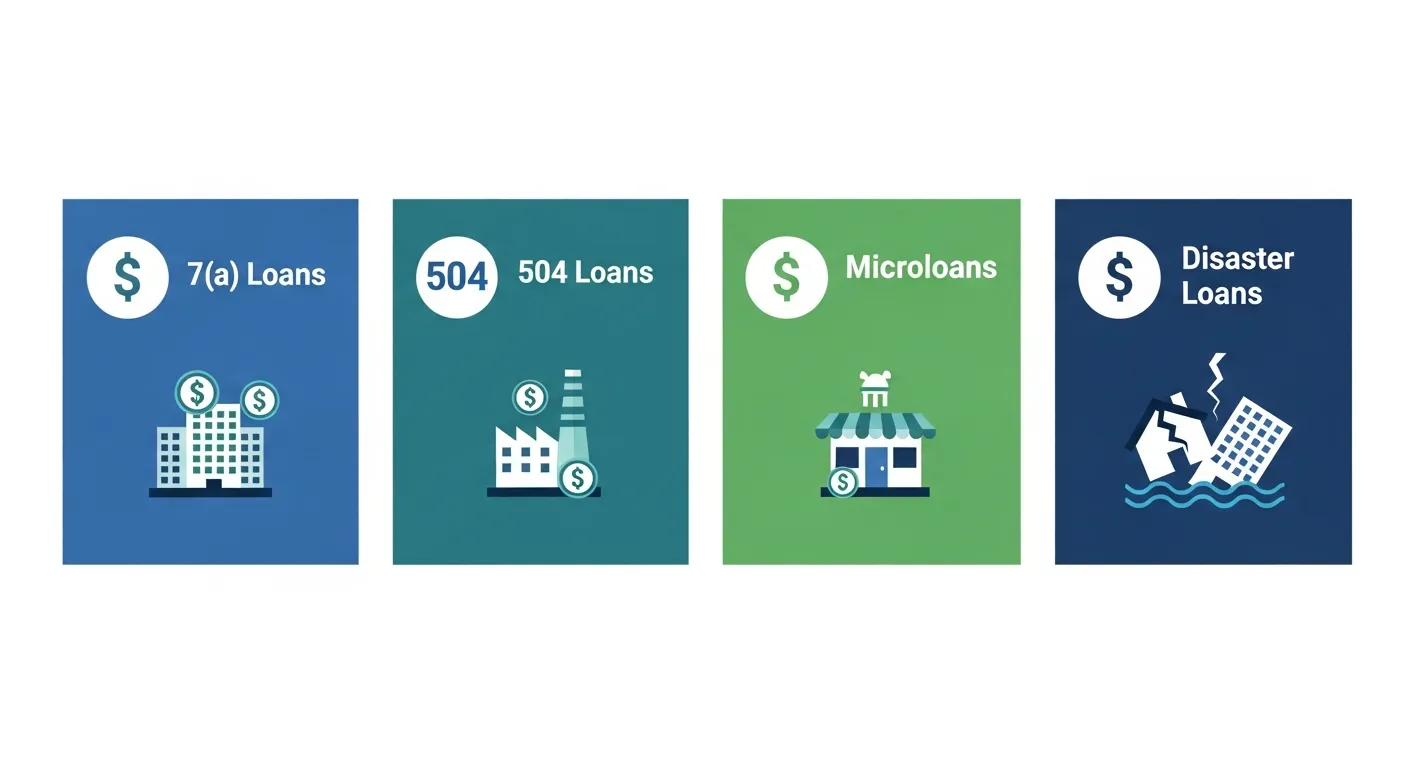Types of SBA loans including 7(a), 504, microloan, and disaster loan programs