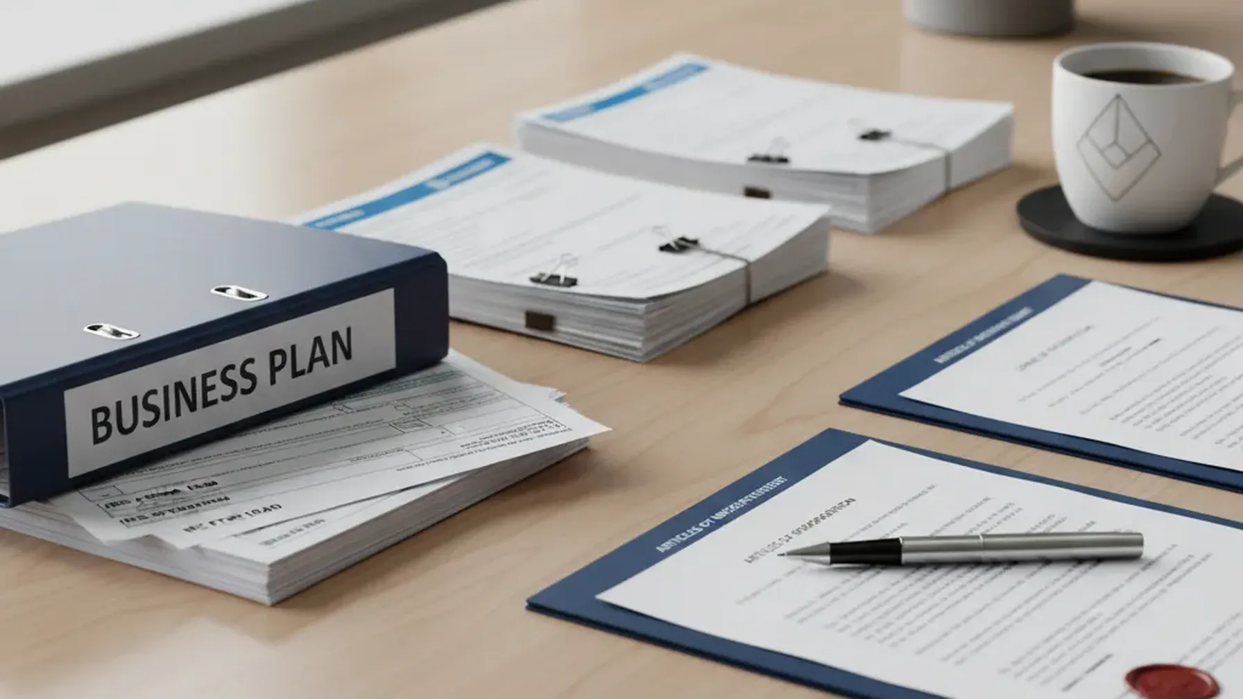 Business loan application documents organized on a desk