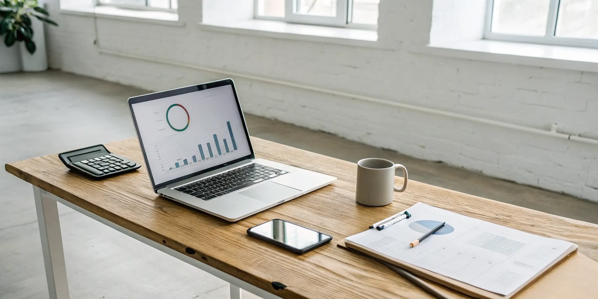 Ecommerce founder planning a small business loan with a laptop showing financial charts and a calculator.