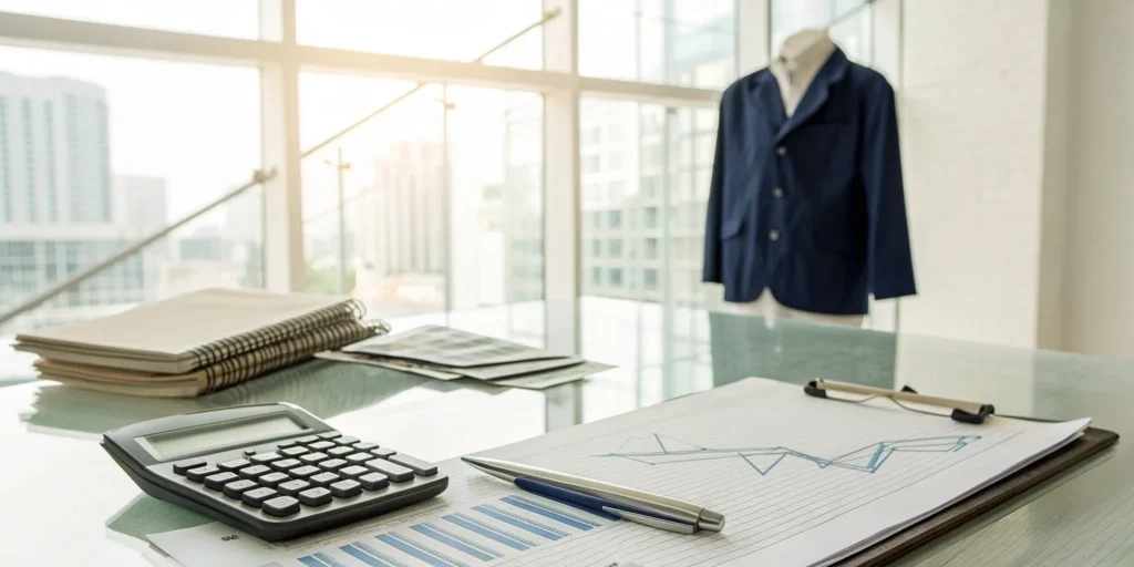 A construction invoice being reviewed for factoring with a calculator and financial documents.