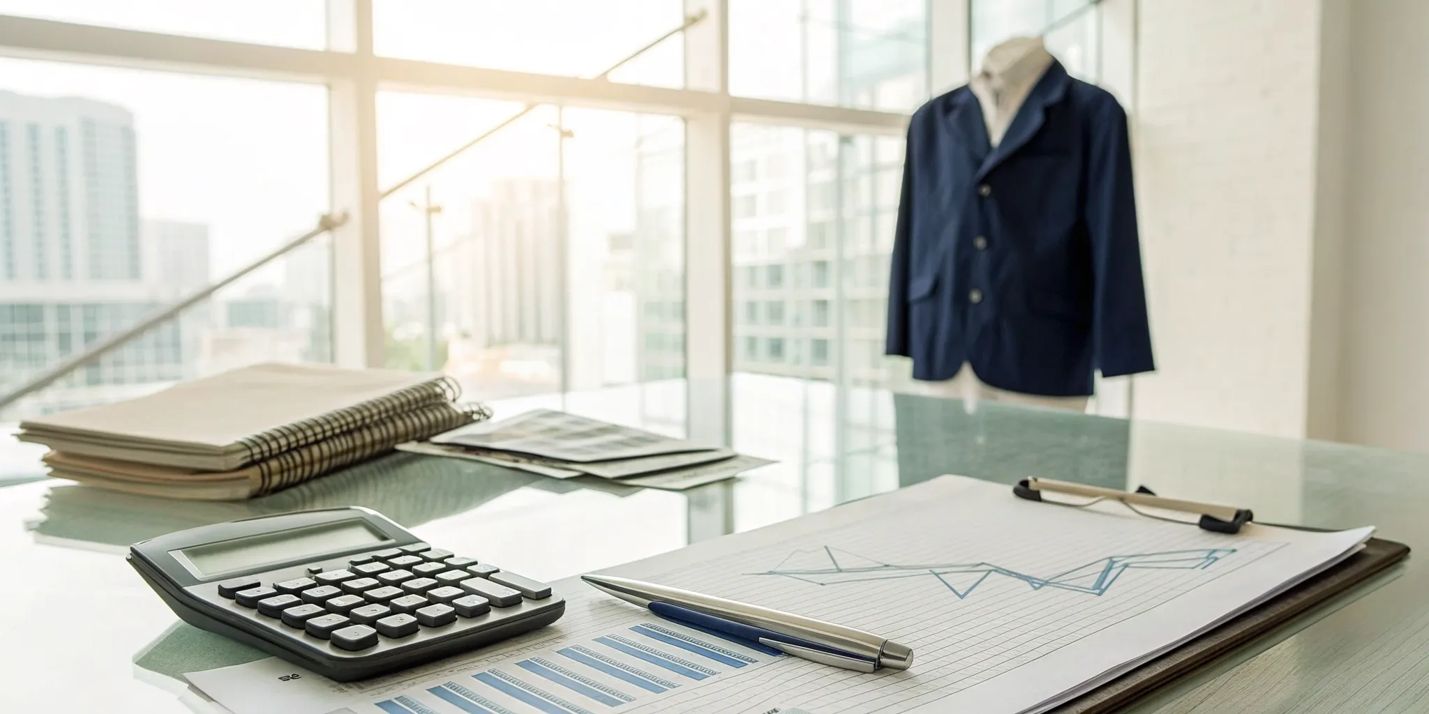 A construction invoice being reviewed for factoring with a calculator and financial documents.