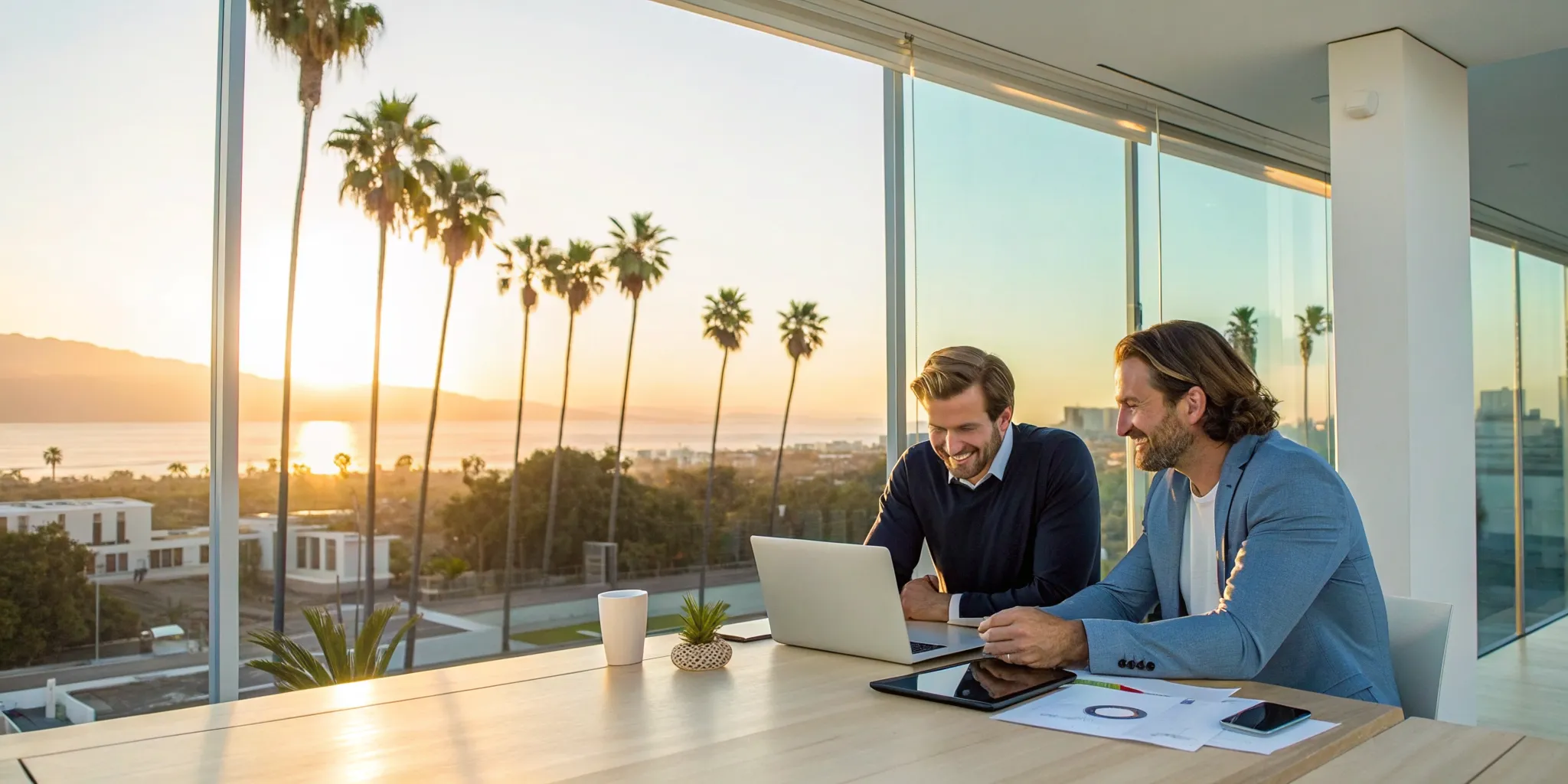 Two business owners discussing small business financing options in a California office.