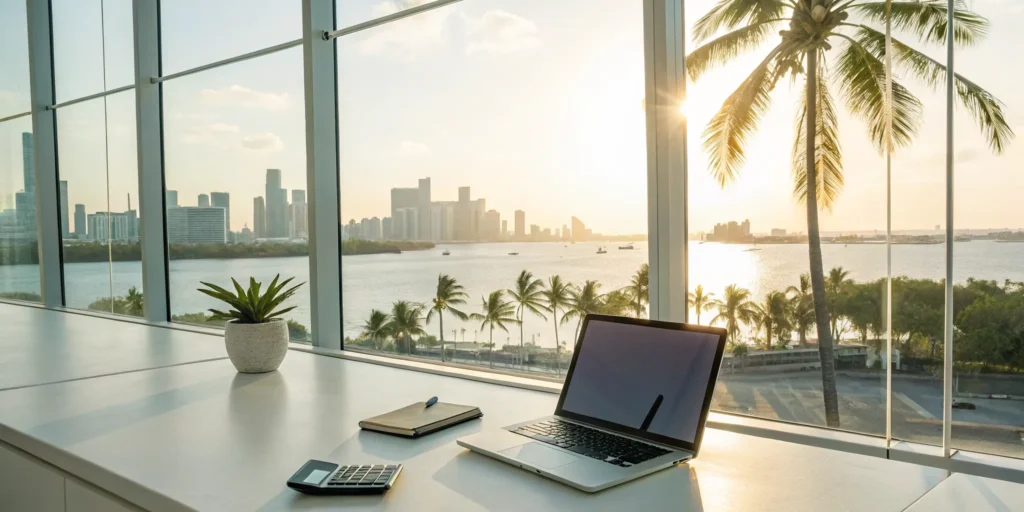 Desk with laptop and calculator for small business financing overlooking a Florida city skyline.