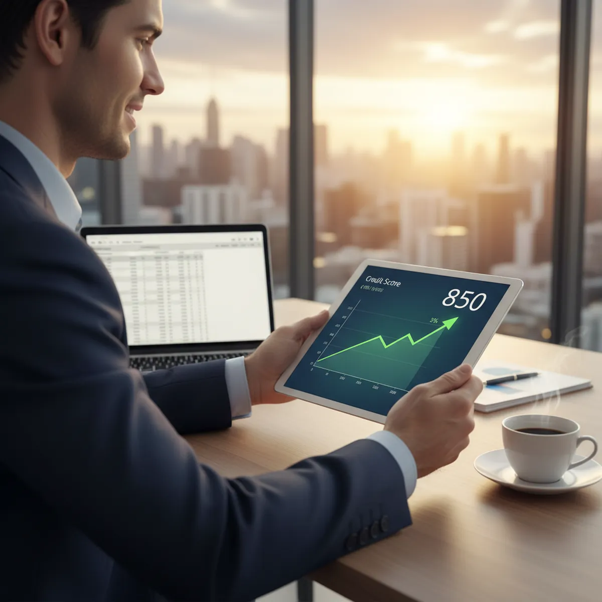 Business professional reviewing credit building progress on a tablet