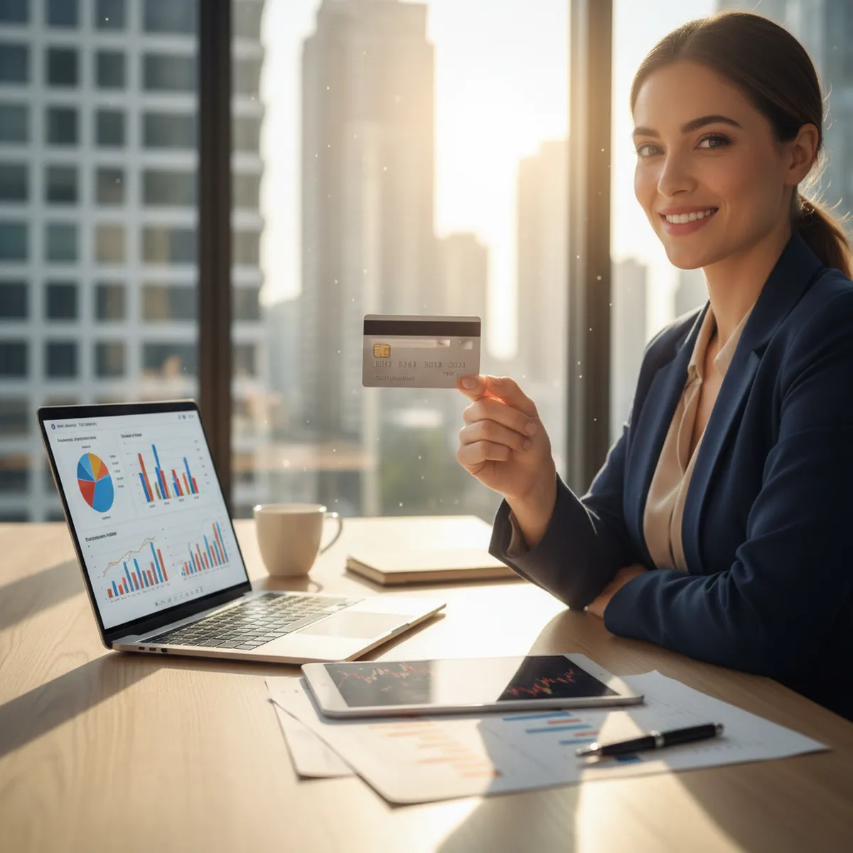Business owner holding a secured business credit card at a modern office desk