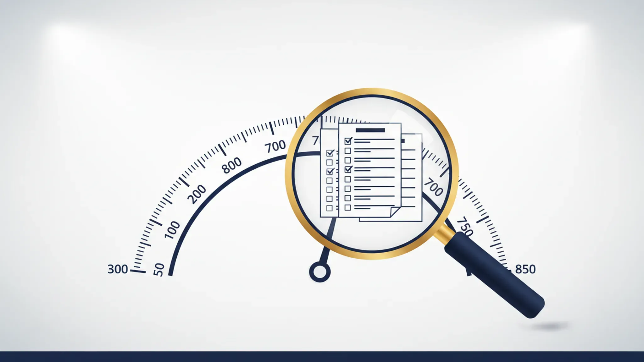 Credit score gauge and magnifying glass illustrating how credit inquiries affect your score