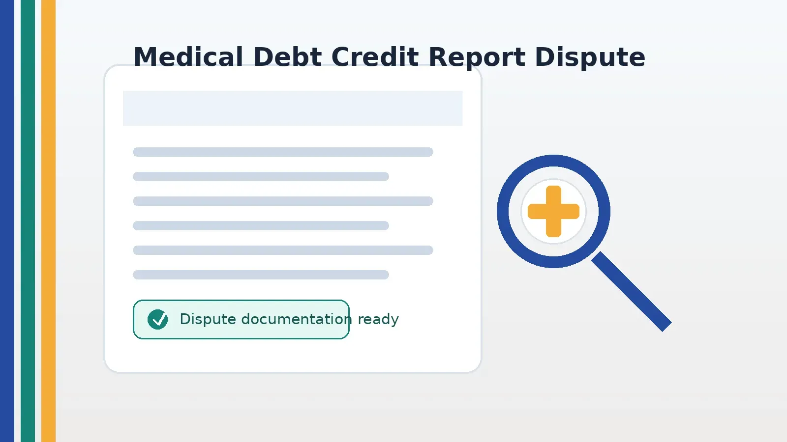 Medical debt credit report dispute documentation with a magnifying glass