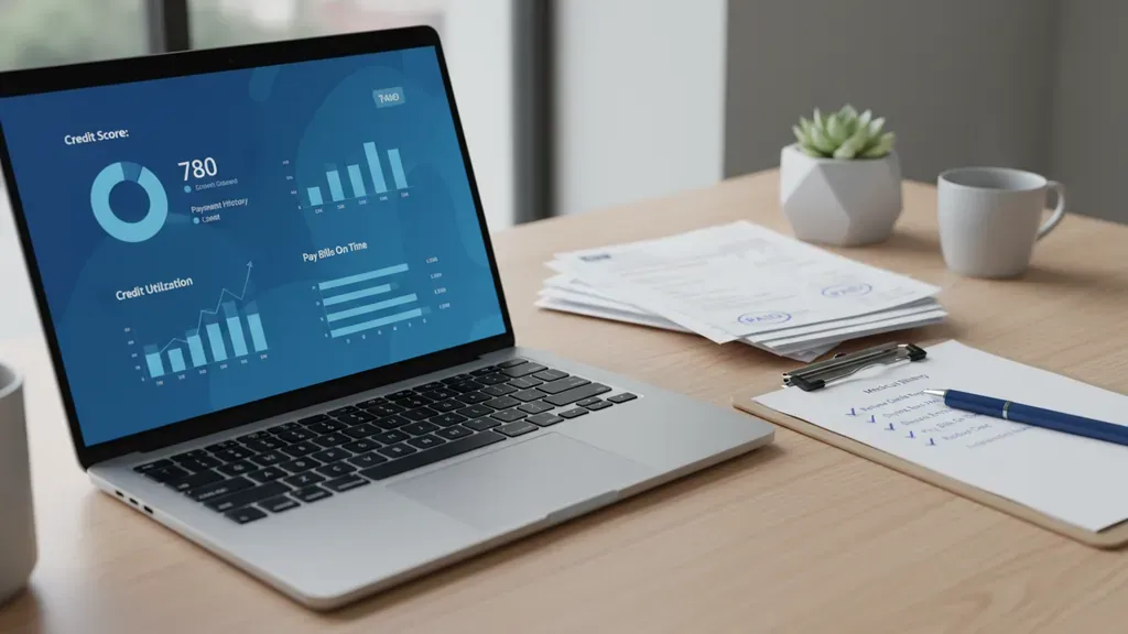 Medical collections credit report checklist on a laptop with billing documents