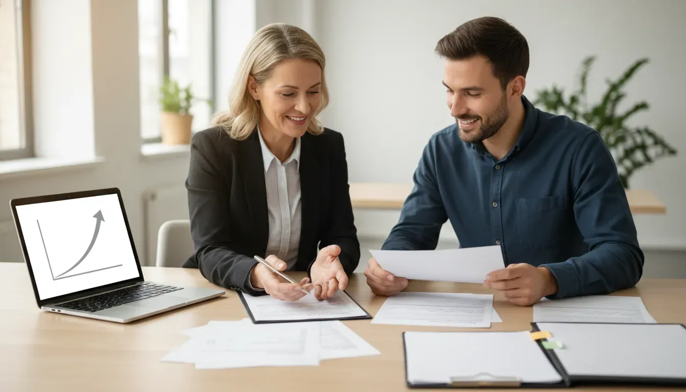 Credit counselor reviewing bankruptcy items on a credit report with a client
