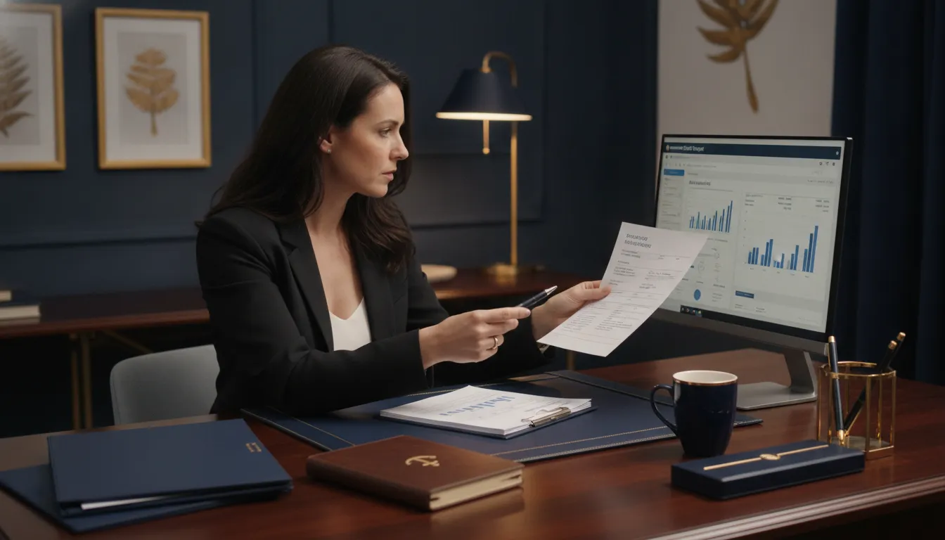 Small business owner reviewing vendor invoices and business credit reports