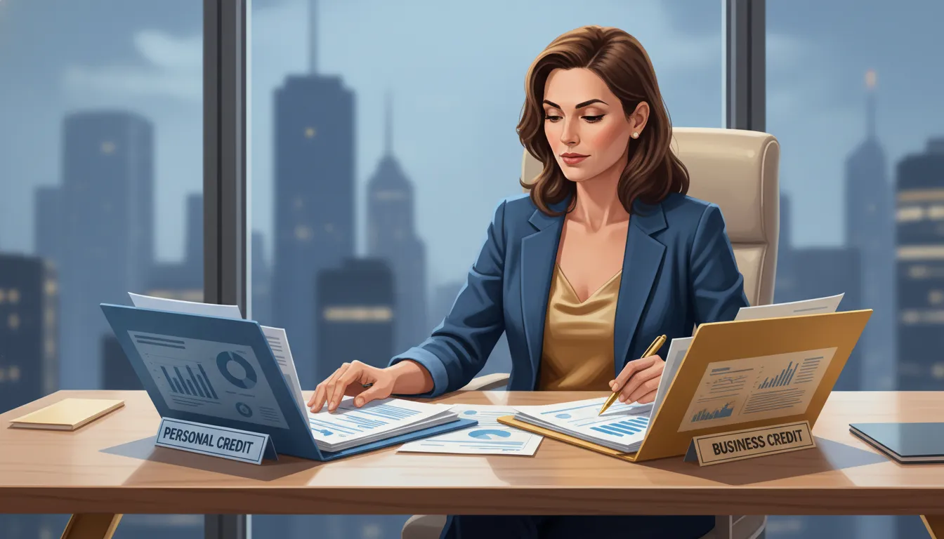 Small business owner comparing personal and business credit folders