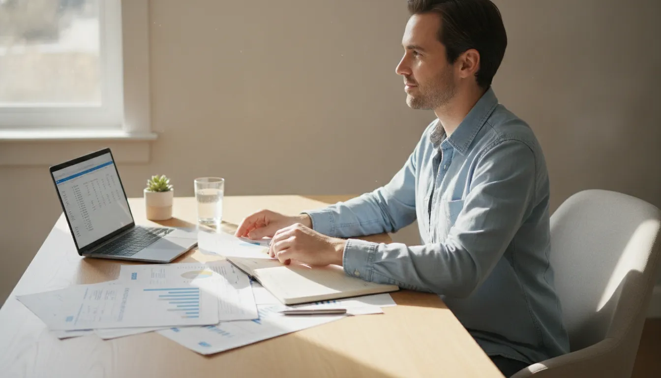 Person reviewing credit reports and a financial plan after divorce