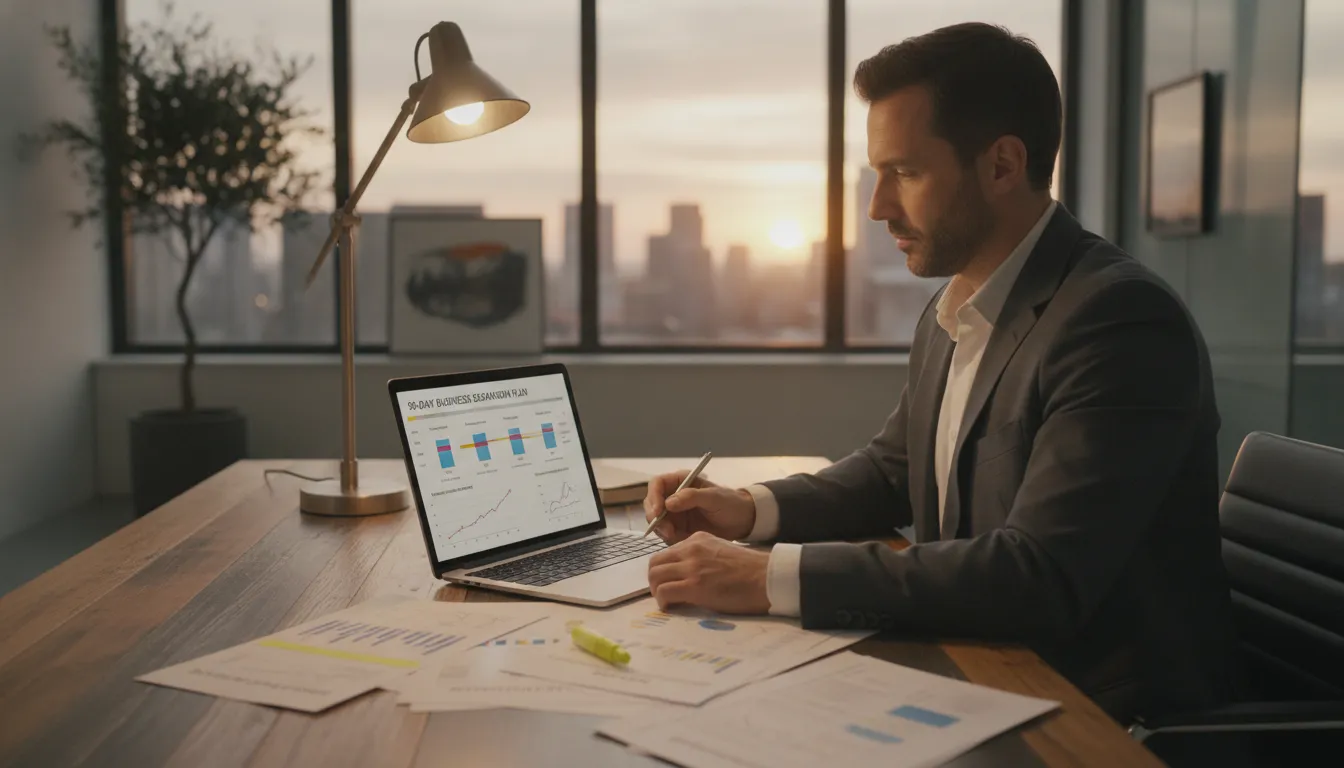 Entrepreneur at a desk reviewing business credit documents and a 90-day business credit building timeline on a laptop
