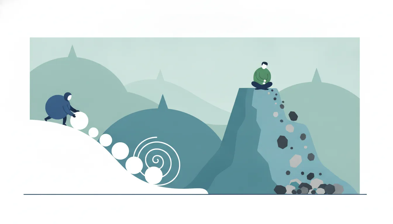 Illustration comparing debt snowball and avalanche payoff methods, showing a snowball growing downhill versus rocks tumbling down a mountain
