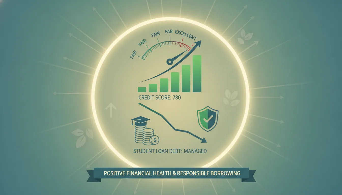 Credit score meter rising while student loan debt is managed responsibly