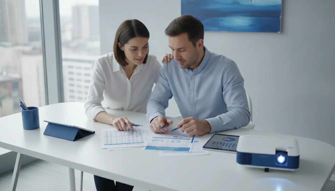 Two people reviewing a credit card statement and credit report