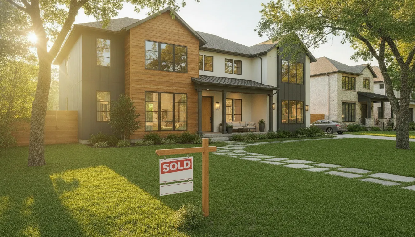 Modern home with sold sign in front yard, suburban neighborhood